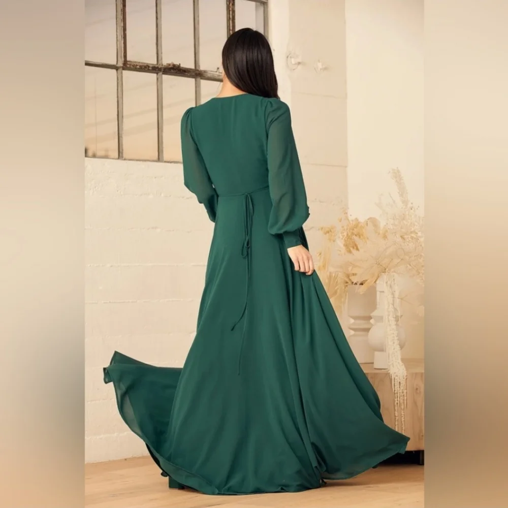 Lulu's Emerald Green Long Sleeve Wrap Gown Bohemian Bridesmaid Dress. Size XL - Picture 2 of 12